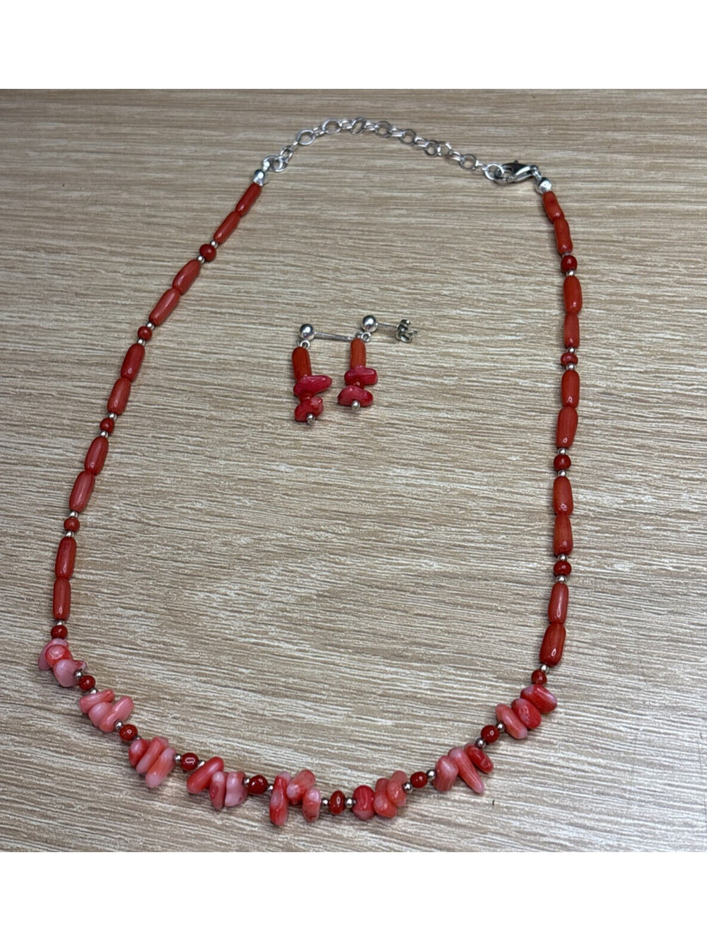 Orange Beaded 18" Necklace & Earrings Jewelry Set, Silver .925